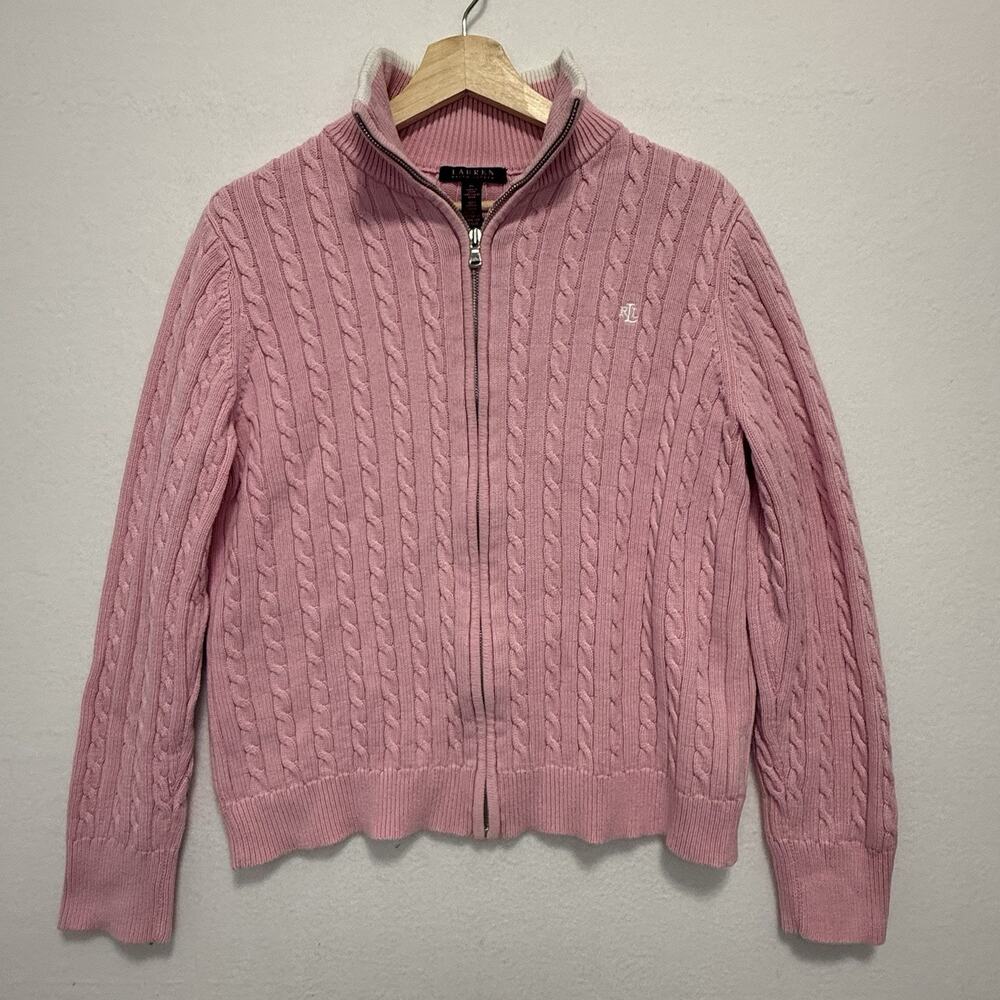 LRL Full Zip Cable Knit Long Sleeve Sweater XL Cotton Pink
